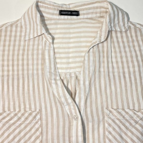 Robertson + Rodeo Oversized Striped Blouse Shirt Pockets White/Tan Women's Sz M - Picture 2 of 8